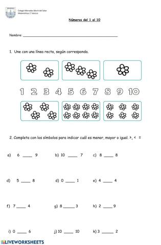 Números del 1 al 10, cantidad, menor, mayor o es igual.