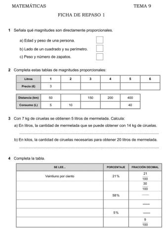 Proporcionalidad y porcentajes