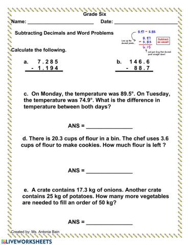 Subtracting Decimals Word Problems