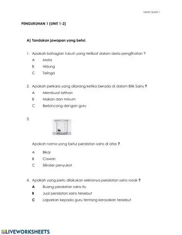 Latihan Pengukuhan 1 : Sains tahun 1
