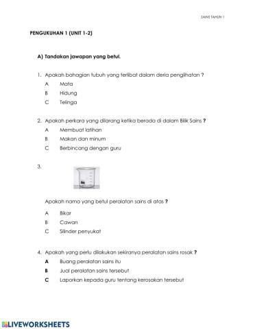 Latihan Pengukuhan 1 : Sains tahun 1