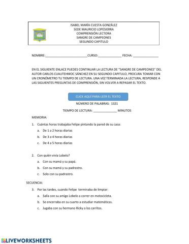 Comprensión lectora: sangre de campeones ii cap.