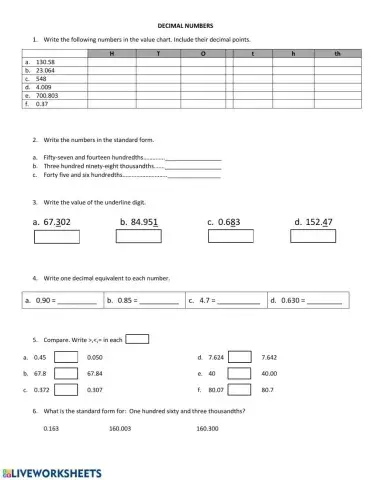 Decimal numbers practice