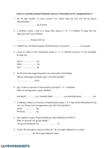 Arány, százalék egyszerű feladatok