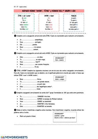 Verbos ÊTRE, AVOIR y 1ER GRUPO