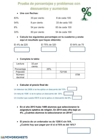Porcentajes y problemas de aumentos y descuentos