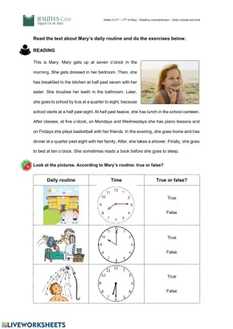 Reading comprehension - Mary's routine