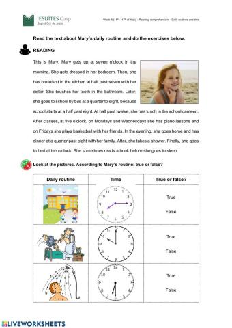 Reading comprehension - Mary's routine