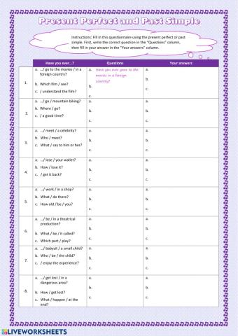 Present perfect and past simple questionnaire