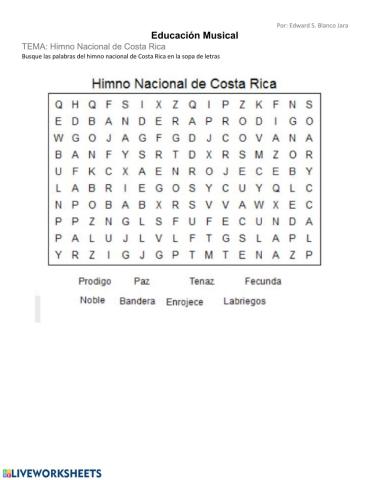 Sopa de Letras Himno Nacional Costa Rica