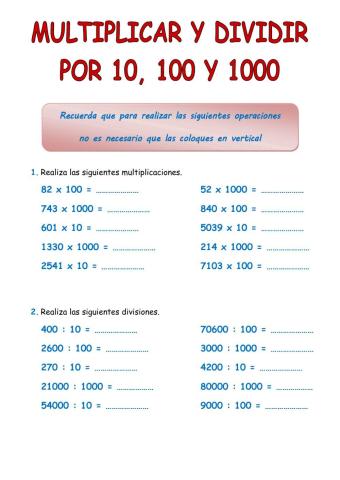 Multiplicar y dividir por 10, 100 y 1000