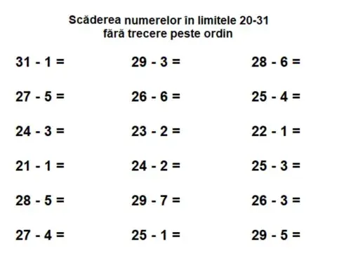 Scaderea numerelor  in limitele 20-31 fara trecere peste ordin