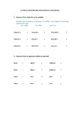 litro, decalitro, hectolitro y kilolitro