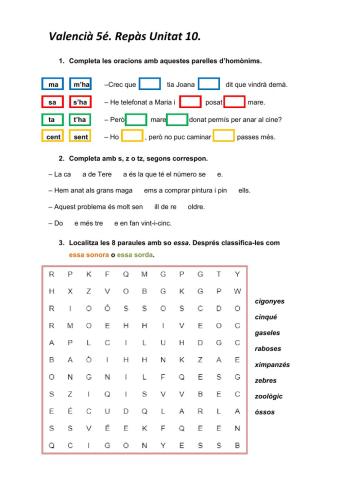 Valencià 5é. Repàs unitat 10