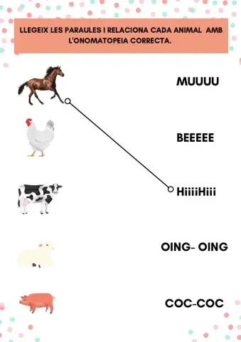 Relaciona cada animal amb la seva onomatopeia