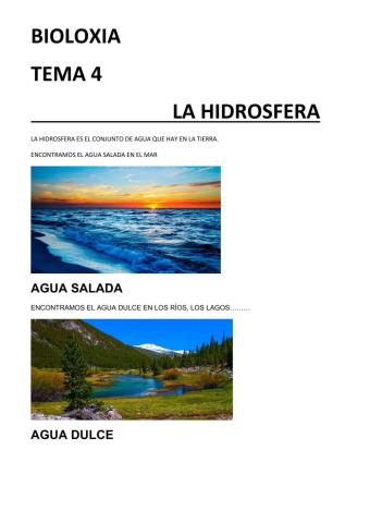 BIOLOGIA. TEMA 4. PARTE 1.La hidrosfera.