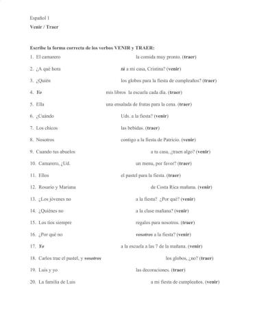 Spanish 1, venir y traer