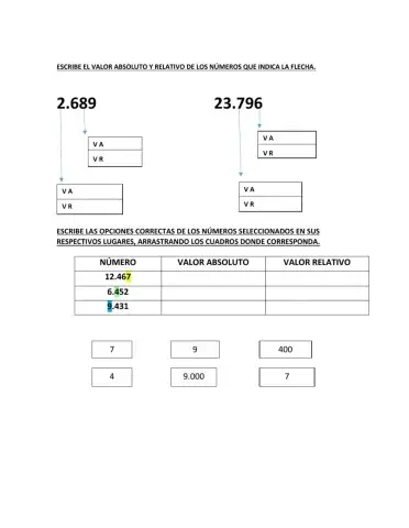 Escribe el valor absoluto y relativo de los números que te indica la flecha
