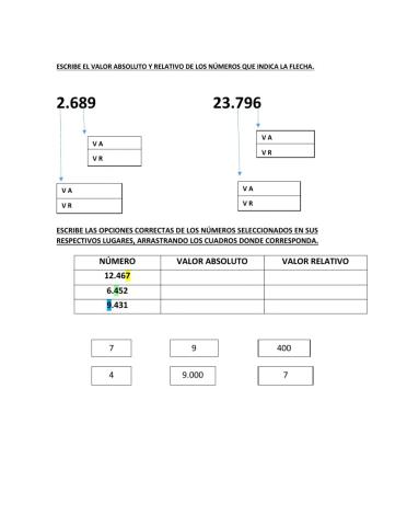 Escribe el valor absoluto y relativo de los números que te indica la flecha