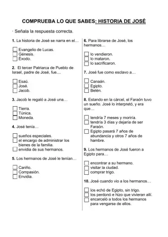 Comprueba lo que sabes: Historia de José