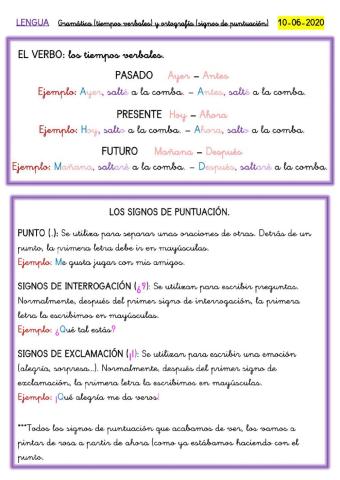 Gramática (tiempos verbales) y Ortografía (signos de puntuación)