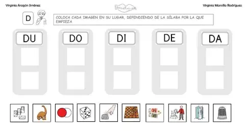 Clasificar sílabas D inicial en palabras, con grafema.