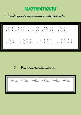 MATEMÀTIQUES operacions amb decimals i divisió per centenes