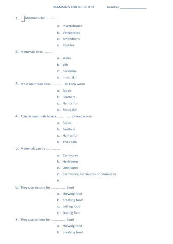 Unit 4 mammals and birds tests