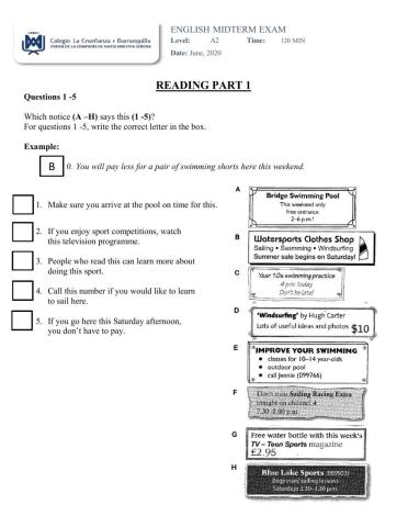 Midterm exam a2 level - reading