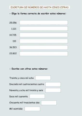 Escritura de números de hasta cinco cifras