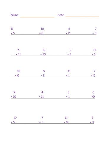 0,1,2,3,5,10&11 Multiplication Tables