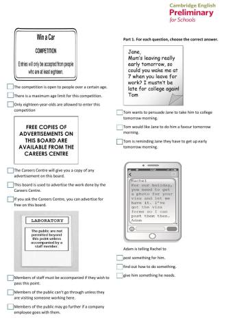 Pet for schools reading test
