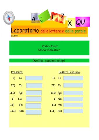 Verbo avere presente pass.pross. imp. trapass.pross.