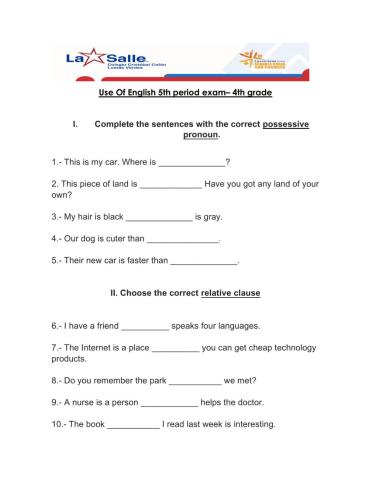 Use of english exam 4th grade 5 period