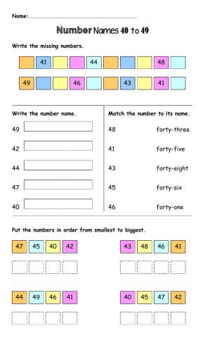 Number Names 40 to 49