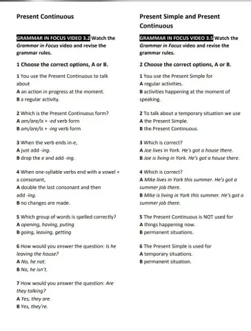 Focus 1CB unit 3 Grammar Test