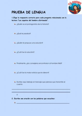 Prueba comprensión, ortografía y pronombres personales