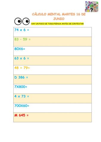 CÁLCULO MENTAL MARTES 16 DE JUNIO