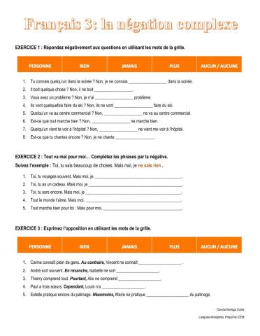 La négation complexe (personne, rien, jamais...)