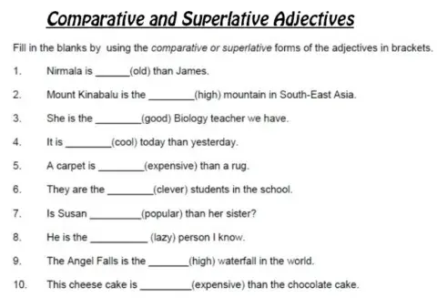 Comparative and superlative adjectives exercise 3