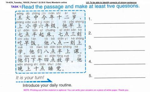Y4-4CN-Tuesday-16-6-20-Period 1 (8.30-9.15am) Mandarin online