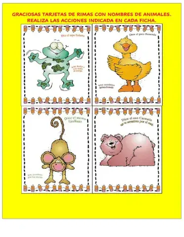Graciosas tarjetas de rimas con nombres de animales.