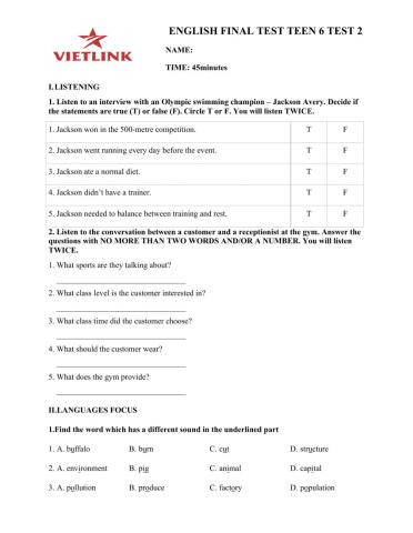 English Final Test Grade 6-Test 2