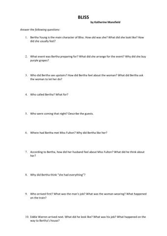 Adolescents 4 - Bliss by Katherine Mansfield - Comprehension Questions