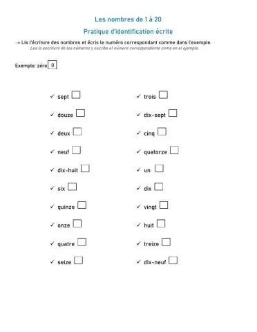 Les nombres de 1 à 20 (identification écrite)