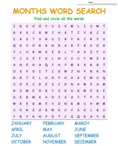 Months wordsearch