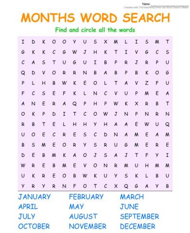 Months wordsearch