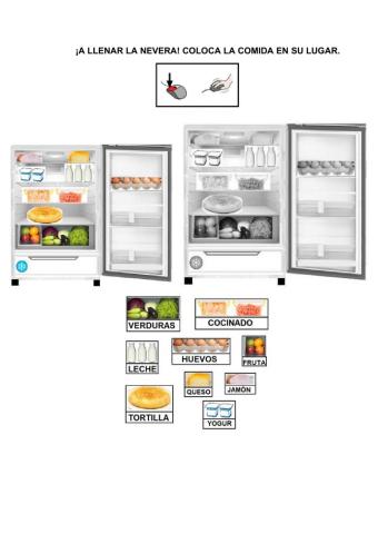 ¡A llenar la nevera! Fíjate bien y coloca cada alimento en su lugar.