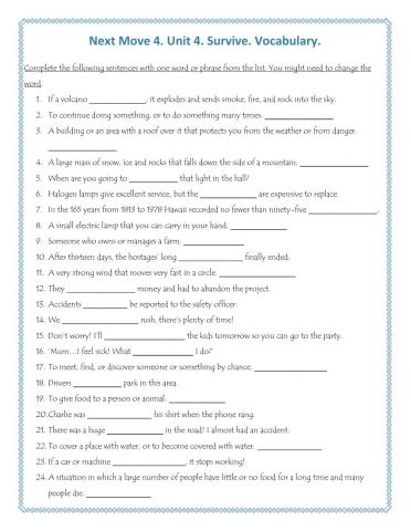 Next Move 4. Unit 4. Survive. Vocabulary.