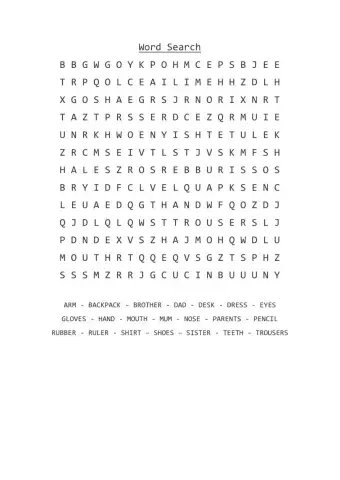Wordsearch clothes - family - body - school